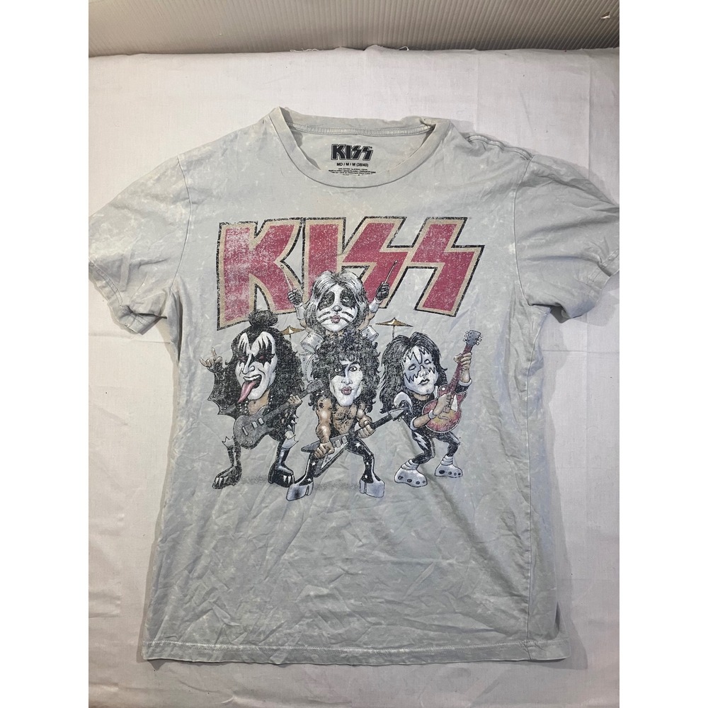 KISS Band Caricature Graphic T-Shirt Mens Medium Gray Acid Wash Mad‎ Engine 2017